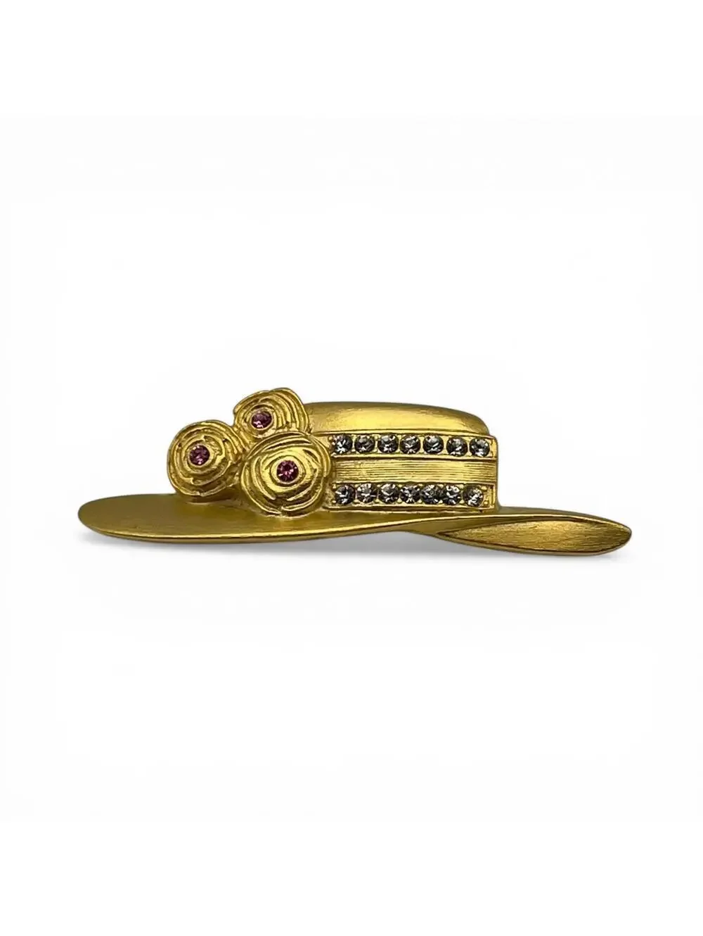 Vintage Gold Tone Hat Brooch with Rhinestones